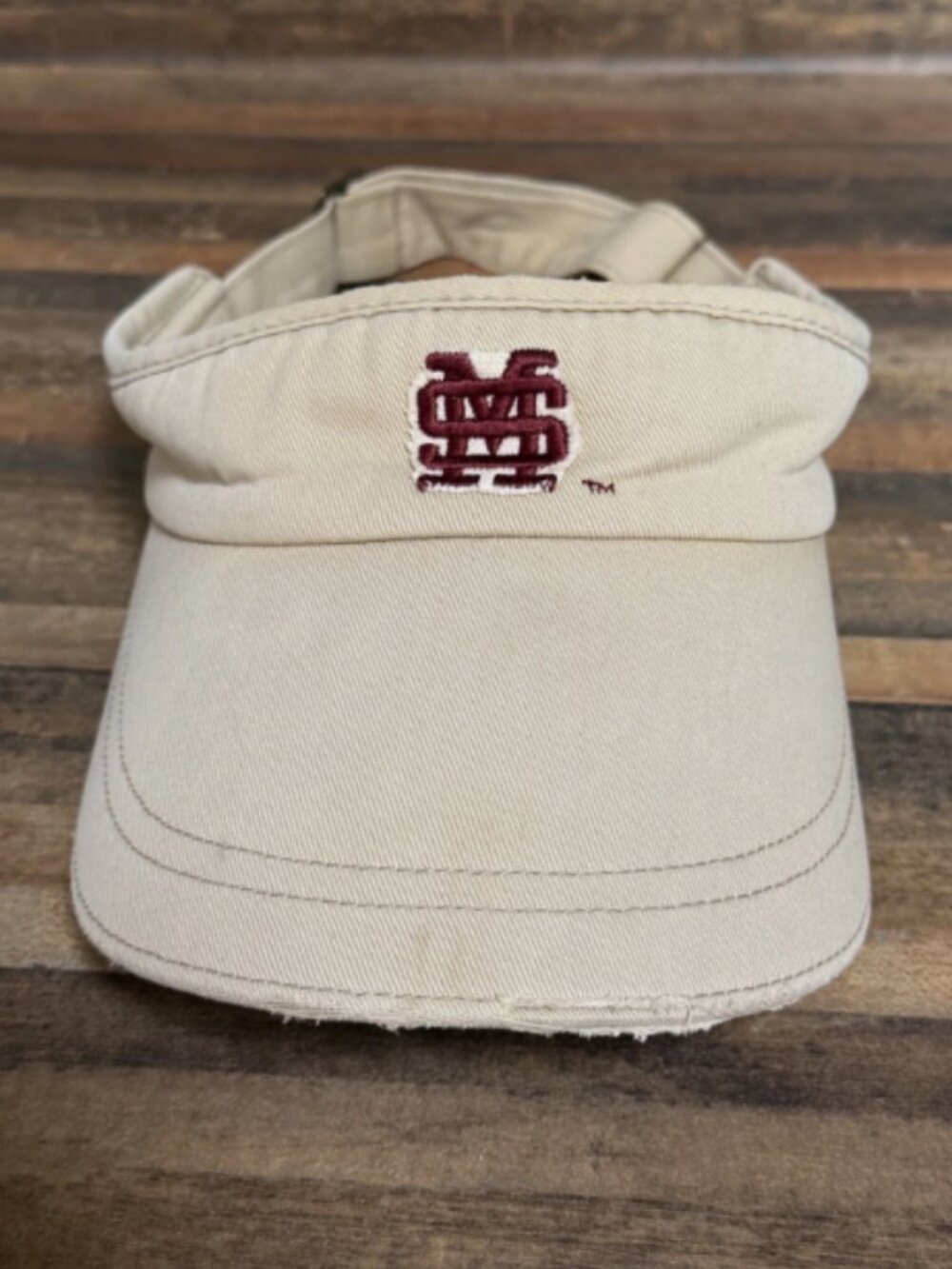 Vintage Mississippi State Bulldogs Maroon M over S Visor Hat Khaki Distressed